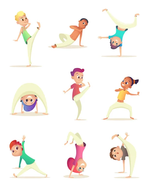 Komik çocuk uygulama capoeira hareketi. Çizgi film tasarım karakteri. Vektör çizim.