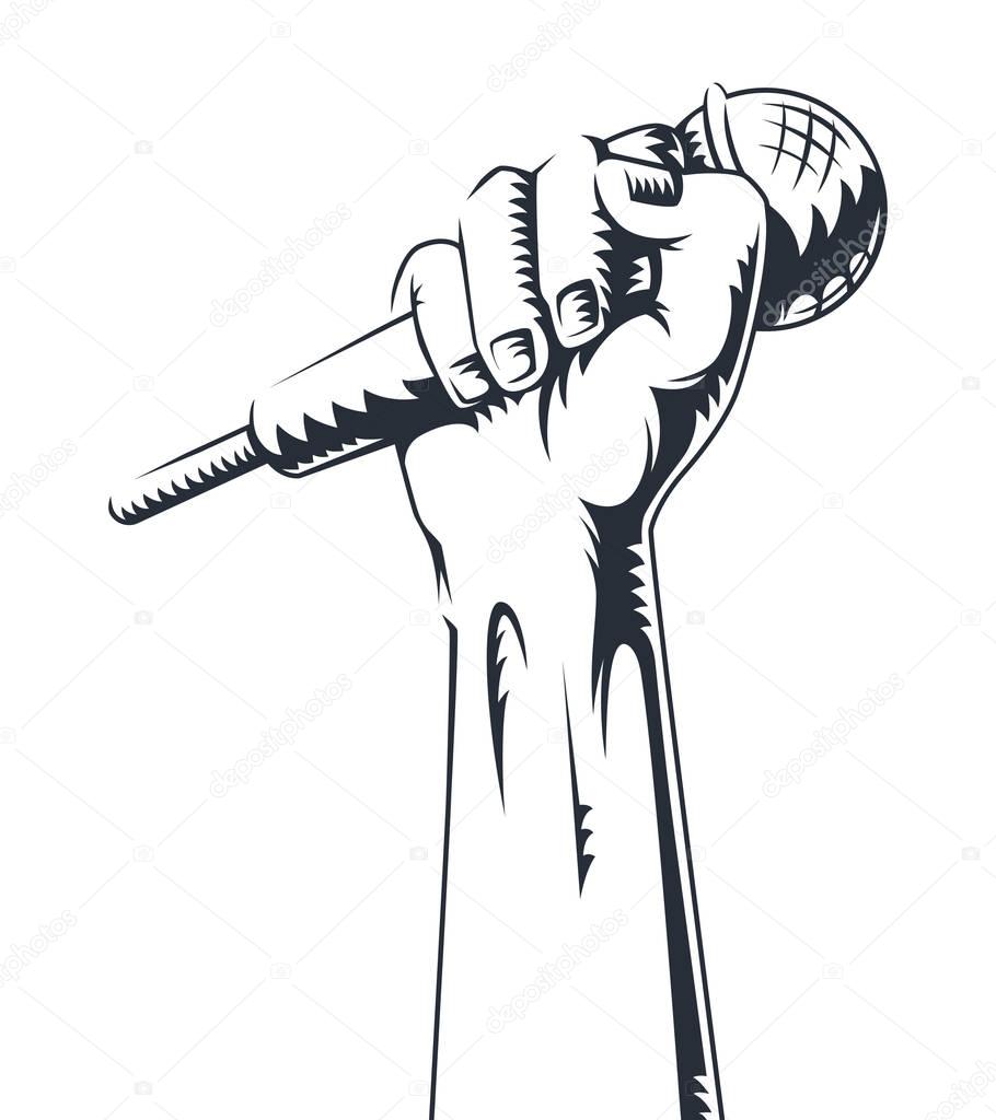 Hand holding a microphone in a fist. vector illustration.