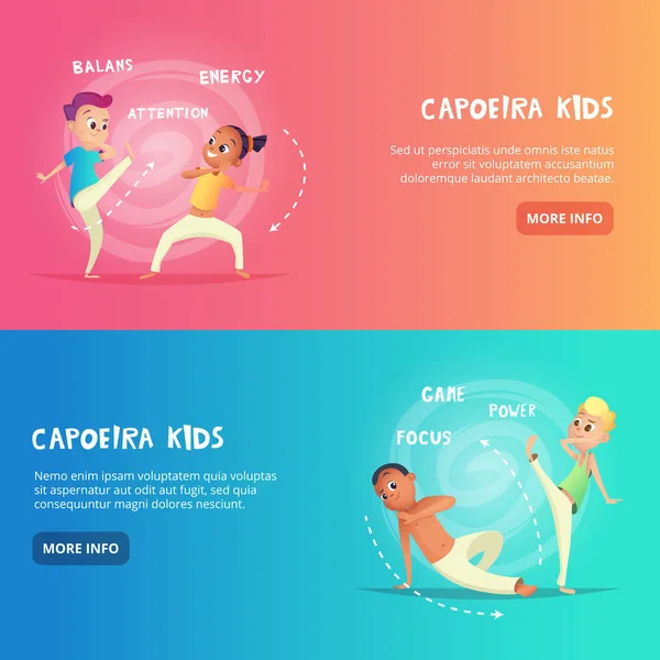Capoeira děti banner pro web design. Děti se účastní výcviku capoeira hnutí. Charecters kreslené vektorové koncept. — Stockový vektor
