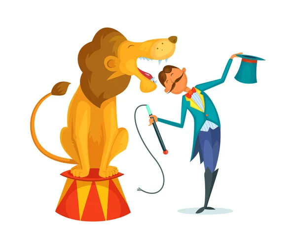 Circus trainer esegue un trucco insieme a un leone . — Vettoriale Stock