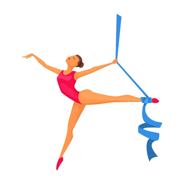 Young gymnast woman with ribbon. Rhythmic Gymnastic female. Olympic athlete. Artistic gymnastics, ballet, yoga, gym, fitness sports. Cartoon vector character design. — Stock Vector