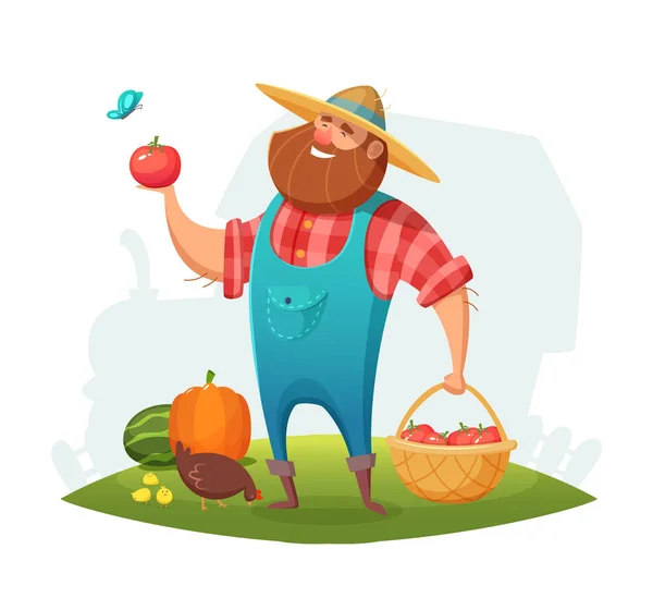Desenho de personagem de fazendeiro desenhos animados. fazendeiro segurando um cesto de legumes em sua mão. Ilustração vetorial . — Vetor de Stock