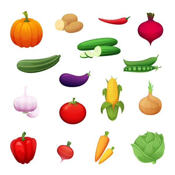 Ilustracja kreskówka zdrowych warzyw uprawianych na farmie. Zestaw elementów do projektowania. Wektorowe ikony dla oznakowania, menu, banery i sekcje — Wektor stockowy