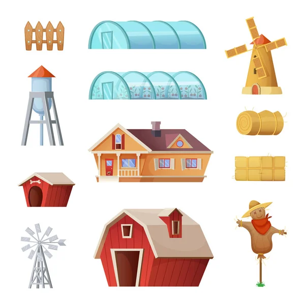 Granja edificios y construcciones conjunto. Agricultura industria y vida rural objetos. Diseño del concepto de dibujos animados vectoriales elementos granjeros — Vector de stock