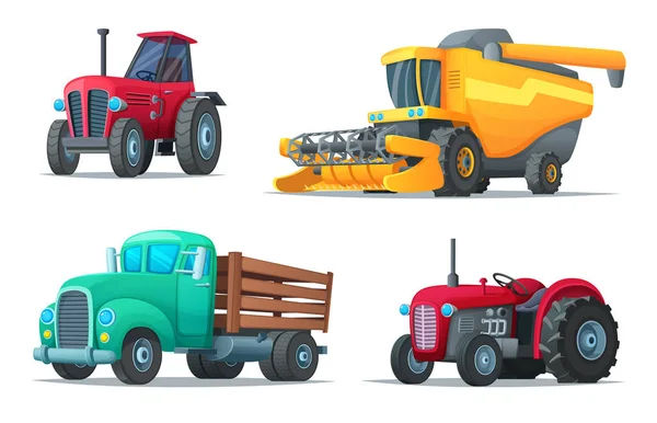 Ensemble de transport agricole. Équipement agricole, tracteurs, camion et moissonneuse. Véhicules industriels. Illustration vectorielle de dessin animé de machines rurales . — Image vectorielle