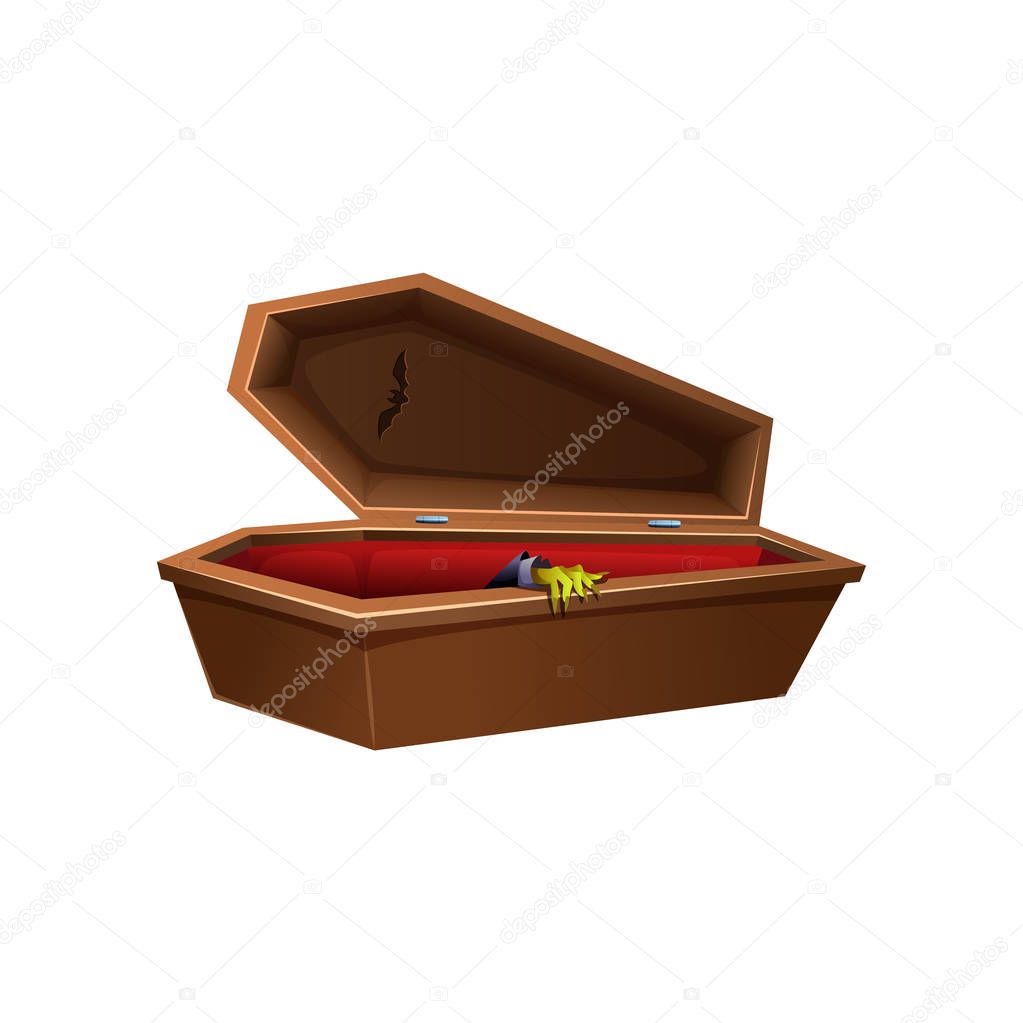 Cartoon wooden open coffin. Hand reaches out of the casket.