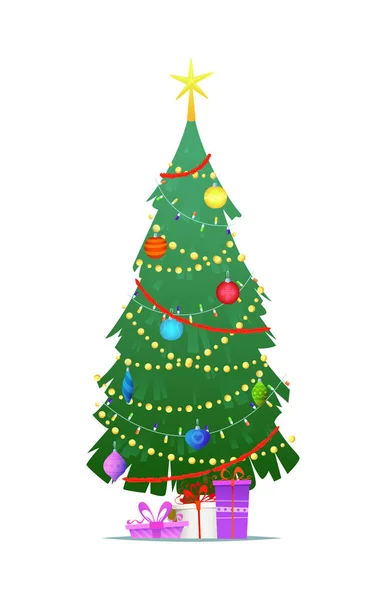 Árbol de Navidad decorado con cajas de regalo, estrella, luces, bolas de decoración y lámparas. Ilustración de vector de estilo plano — Archivo Imágenes Vectoriales