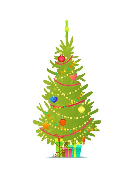 Zdobené vánoční strom s dárkové krabičky, hvězda, osvětlení, dekorace koule a lampy. Plochý vektorové ilustrace — Stockový vektor