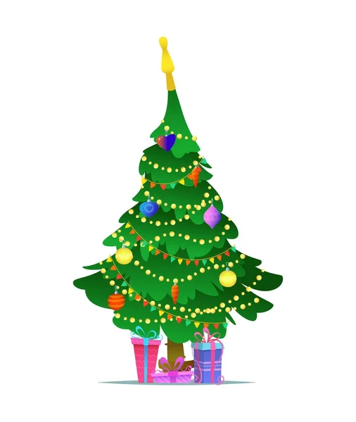 Zdobené vánoční strom s dárkové krabičky, hvězda, osvětlení, dekorace koule a lampy. Plochý vektorové ilustrace — Stockový vektor