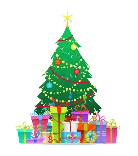 Árbol de Navidad decorado con cajas de regalo, estrella, luces, bolas de decoración y lámparas. Ilustración de vector de estilo plano — Archivo Imágenes Vectoriales