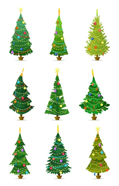 Kolekce vánočních stromků s dekoracemi v hrnci. Plochý design ilustrace. Nový rok sada izolované na bílém — Stockový vektor