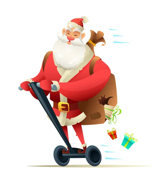 Santa lovagolni a segway. Hullanak a zacskó ajándékokat. Elektromos robogó karácsonyi üdvözlés kártya lapos Design vektor illusztráció — Stock Vector