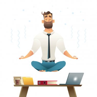 İşadamı derin derin düşünür ve işyeri hovers. Meditasyon kavramı. Yoga poz. Karikatür tarzı vektör çizim.
