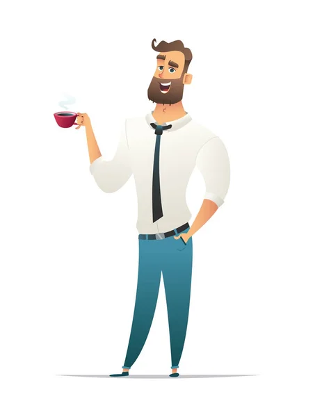 L'uomo d'affari beve tè o caffè. Personaggio Manager in stile cartone animato . — Vettoriale Stock