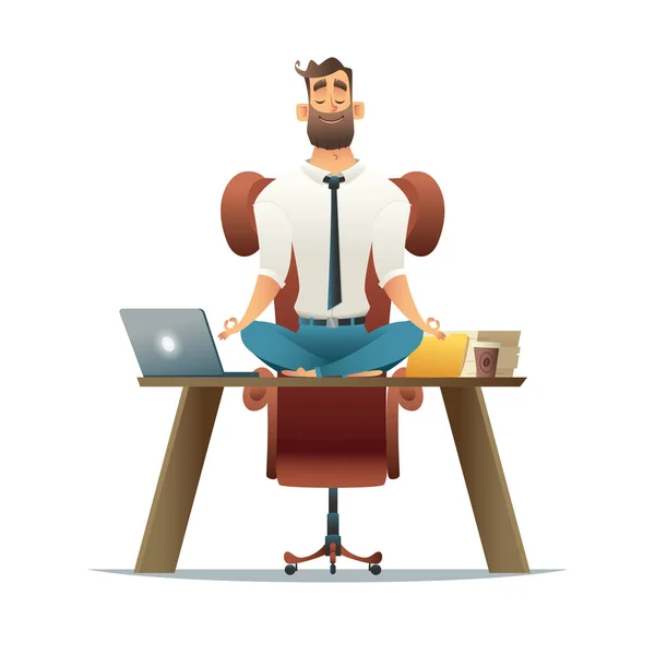仕事でヨガ。ビジネスマンは職場でコンピューターのテーブルの上の蓮華座でリラックス。オフィスで漫画スタイル男の瞑想. — ストックベクタ