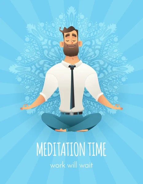 Affärsman som sitter i en lotus pose. Manager meditation av mandala mönster på bakgrunden. Begreppet företag yoga — Stock vektor