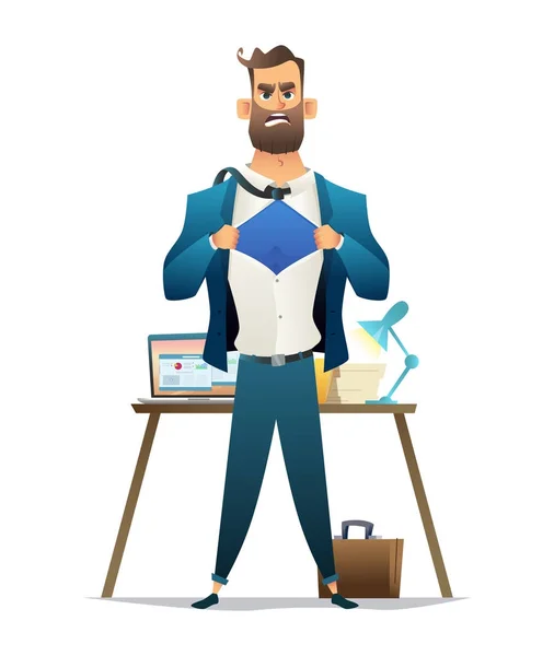 Young businessman acting like a super hero and tearing his shirt on workplace — Stock Vector