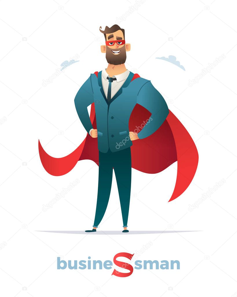 Businessman in red cloak or cape and eye mask, standing in a superhero pose.