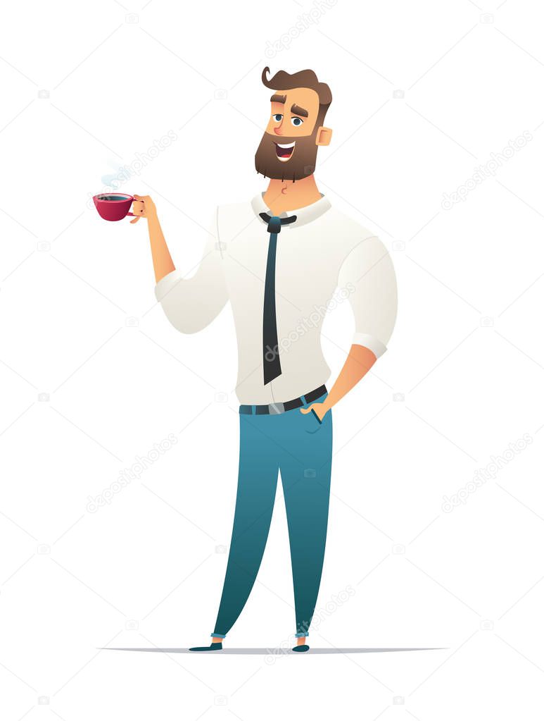 Businessman drinks tea or coffee. Manager character in the cartoon style.