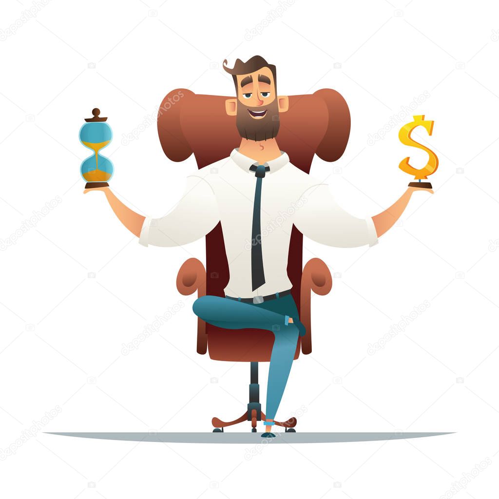 Business concept. Balance with time and money. Businessman sitting on armchair.Cartoon style vector illustration.