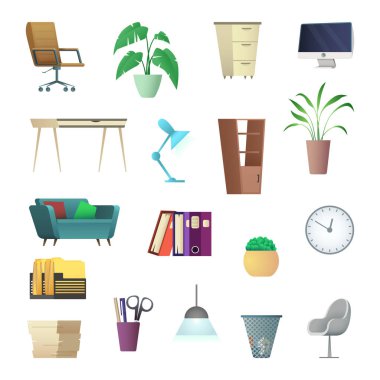 Ofis mobilya ve iç nesneler. Çizgi film koleksiyonu