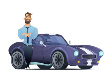 Bir spor arabanın önüne ayakta başarılı adam. Satıcı veya bir otomobil sahibi. Vcartoon stil vektör İllüstrasyonu.