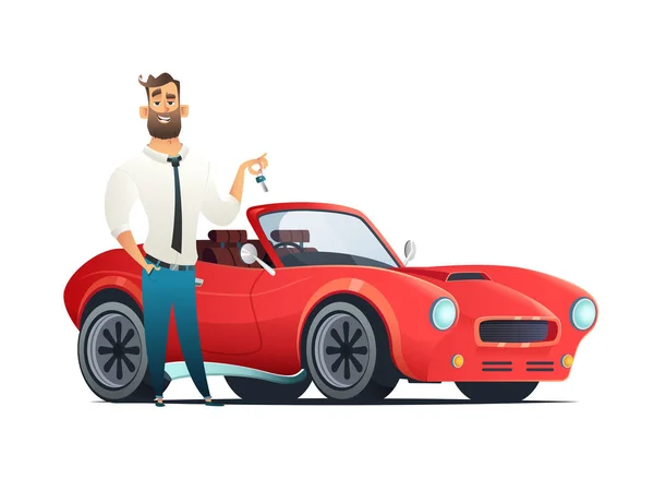 Concepto de compra o alquiler de un coche deportivo nuevo o usado rojo y rápido. Moderna ilustración vectorial estilo caricatura aislada sobre fondo blanco . — Vector de stock