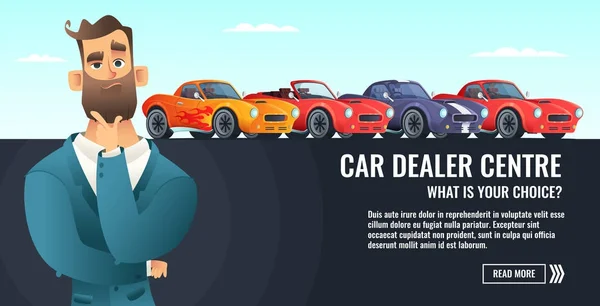 Bil återförsäljare centrala koncept banner. Automobile salling eller hyra. Auto företag tecknad stil illustration. — Stock vektor