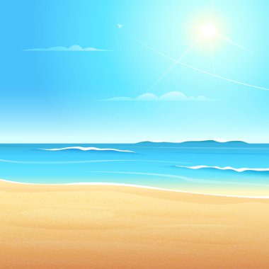 Deniz plaj dalgalar, kumlu Sahili ile görünümünü temiz mavi gökyüzü güneş parlar.