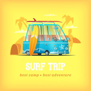 Surf kamp vektör çizim. Palm beach kız bir sörf tahtası ve kamp çadırı tutan bir arka plan üzerinde sörf otobüs