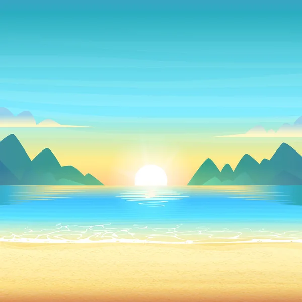 Avond strand bij zonsondergang met schoon rustig water, wolken en de bergen aan de horizon. Vectorillustratie cartoon. — Stockvector