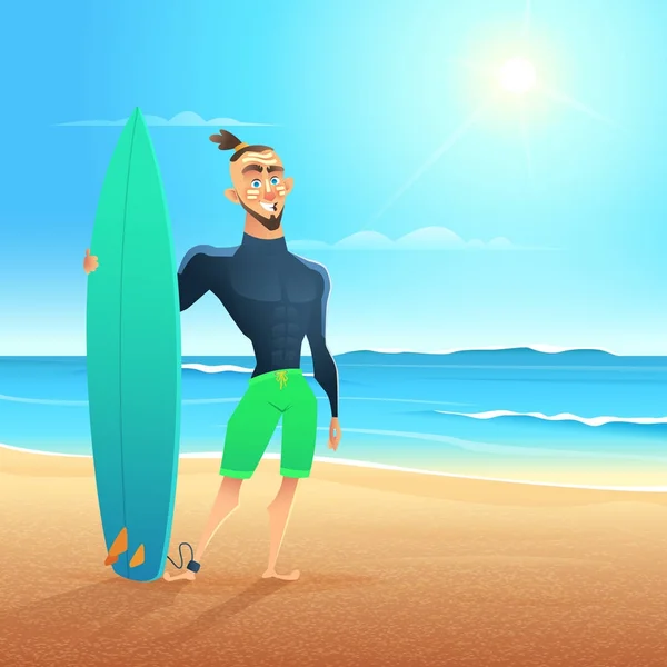 Surfer op het strand. Vectorillustratie cartoon. Zonnige dag, zandige kust, golven van de zee, man staat met surfboard — Stockvector