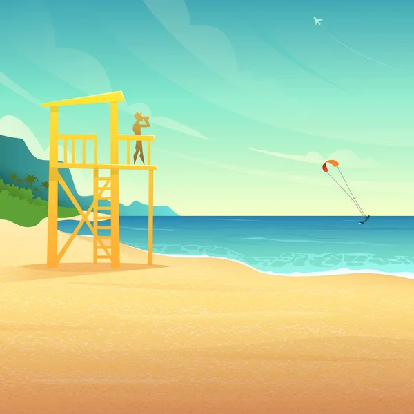 Baywatch věž na písečné pobřeží. Plavčík dům na tropické pláži. Plavčík sledovat postupné surfař v moři. — Stockový vektor