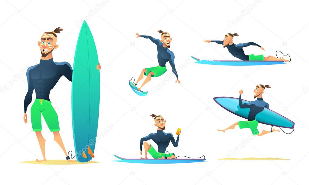 Surfer in different dynamic poses, standing, running, floating, surfing. Cartoon character design, vector illustration