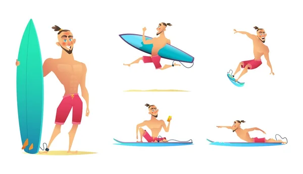 Αστεία και ευτυχισμένη Surfer σε διαφορετική ενέργεια πόζες. Σχεδιασμός χαρακτήρων κινουμένων σχεδίων. — Διανυσματικό Αρχείο