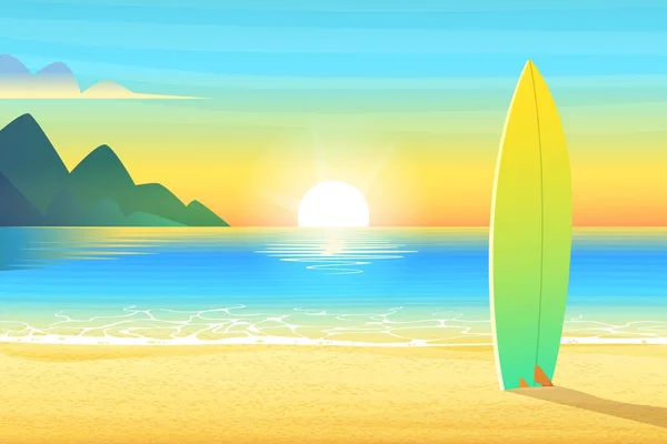 Kumlu bir plaj üzerinde sörf tahtası. Gündoğumu veya günbatımı, kum bay ve dağ üzerinde harika güneş parlar. Çizgi film vektör çizim. — Stok Vektör