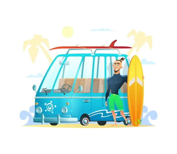 Fourgon magique avec planche de surf et homme. Le surfeur joyeux debout près du bus de surf. Temps de surf Vacances d'été. Illustration vectorielle . — Image vectorielle