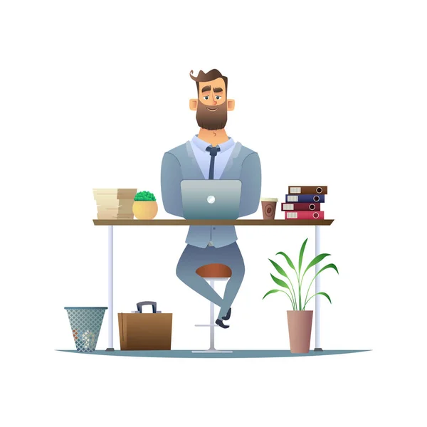 Un serio hombre de negocios barbudo trabajando en el escritorio en el portátil. Gerente o empleado en el lugar de trabajo en la oficina. Negocio Diseño de caracteres — Archivo Imágenes Vectoriales