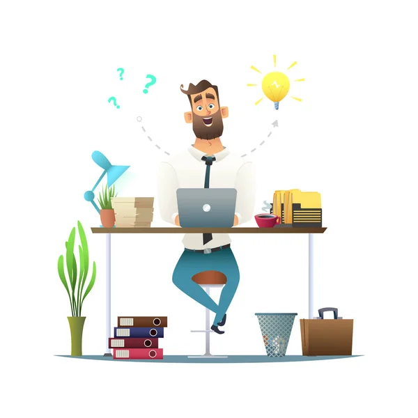 Surprised bearded businessman working at the desk on laptop. Manager thinking and the idea coming up. Concept questions generate original answers. Man in the workplace in the office. — Stock Vector