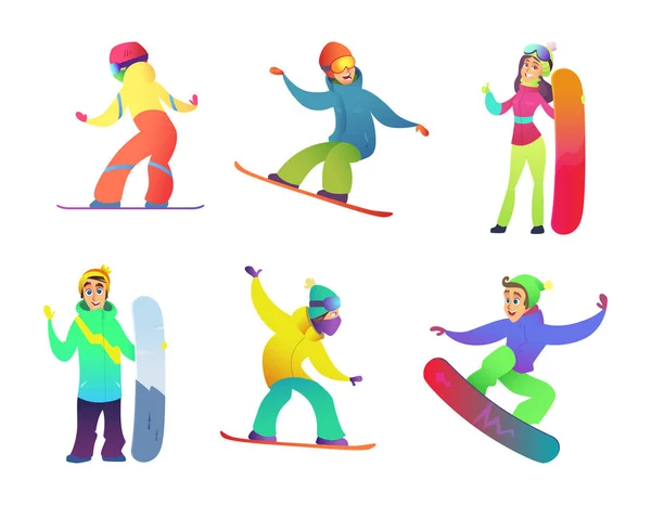 Snowboard karakterler koleksiyonu. Vektör çizgi film illüstrasyon set — Stok Vektör