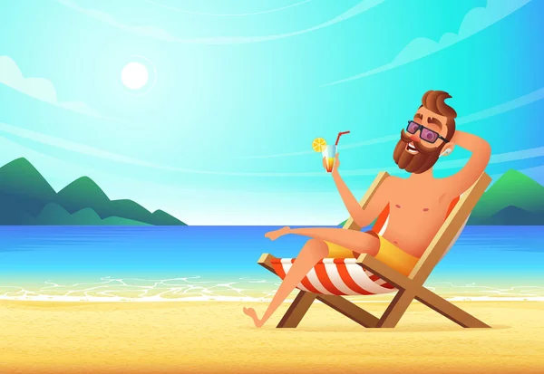 Een man ligt op een ligstoel op een zandstrand, een cocktail drinken en ontspant. Vakantie op zee, vector illustratie — Stockvector