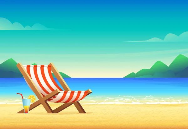 Иллюстрация пляжного стула в стиле мультфильма. Загар на песчаном заливе — стоковый вектор