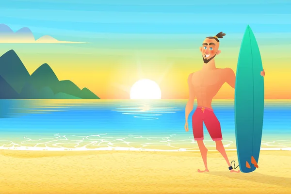 Σέρφερ στην τροπική παραλία. Ευτυχισμένος ο άνθρωπος που στέκεται ηλιοβασίλεμα στον κόλπο — Διανυσματικό Αρχείο