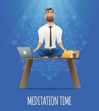 Yoga işte. Nilüfer pozisyonunda dinlenen bir işadamı masada bilgisayarla oturuyor. Çizgi film stili erkek meditasyonu.