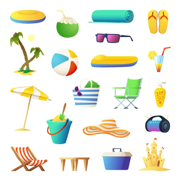 Set di icone di viaggio e vacanza. Raccolta di accessori e oggetti da spiaggia — Vettoriale Stock