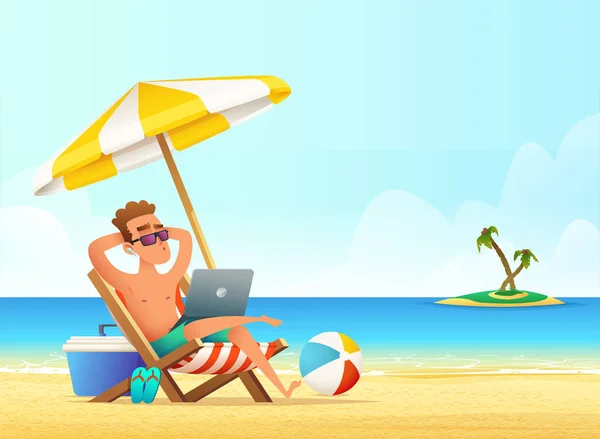 Sentiment de travail sur la plage et de rilaxage. Homme d'affaires lieu de travail à distance. Homme d'affaires à la plage. — Image vectorielle
