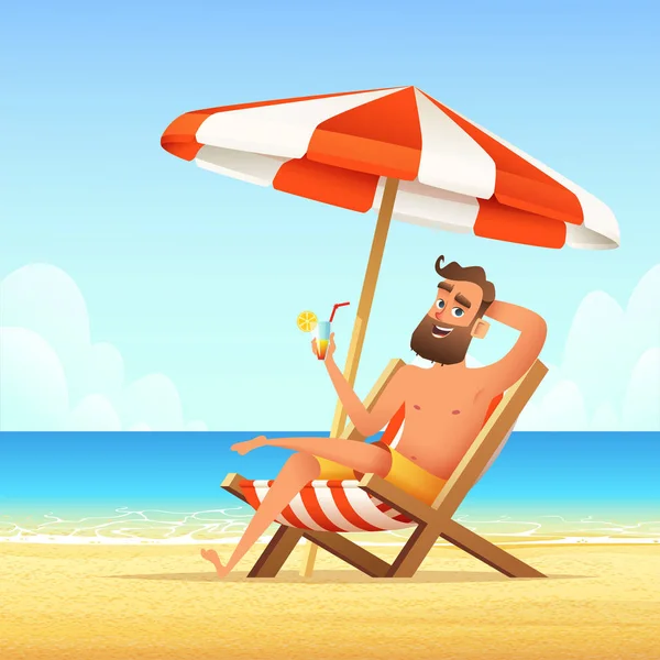 胡子男子坐在海滩上的日光浴。快乐微笑的男性放松的贵妃椅和饮料鸡尾酒。矢量卡通插图. — 图库矢量图片