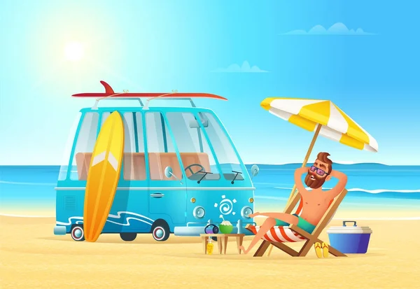 Vacances d'été à la plage. Surf en voiture et homme relaxant sur la plage. Vue mer chaude. Homme et le bus de surf sur la baie — Image vectorielle