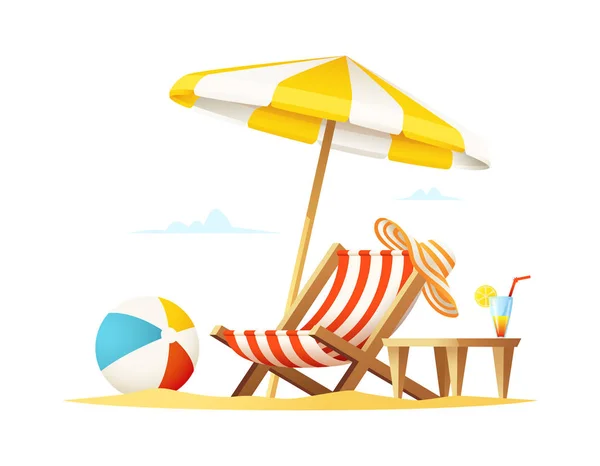 躺椅和雨伞在海滩上。概念向量图 — 图库矢量图片