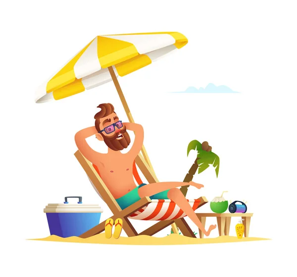 胡子男子坐在一个日光浴。快乐微笑的男性在贵妃椅放松。矢量卡通概念 — 图库矢量图片
